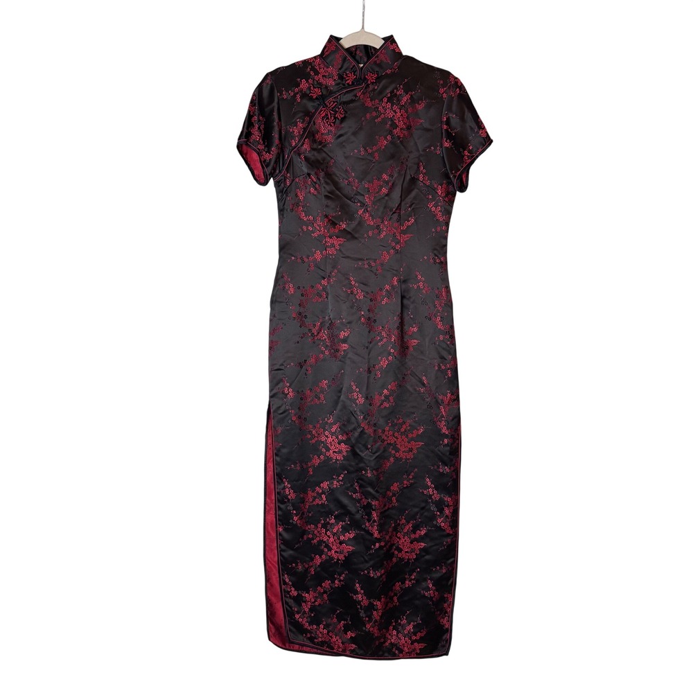 Yan's Collection Qipao Dress M Black Red Floral Satin Japanese Vintage Oriental